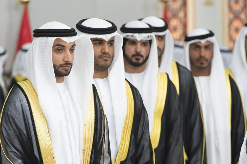 Dr Sheikh Khaled bin Sultan bin Zayed (L), and other grooms participate in a group wedding at Mushrif Palace. Mohamed Al Suwaidi / Crown Prince Court - Abu Dhabi