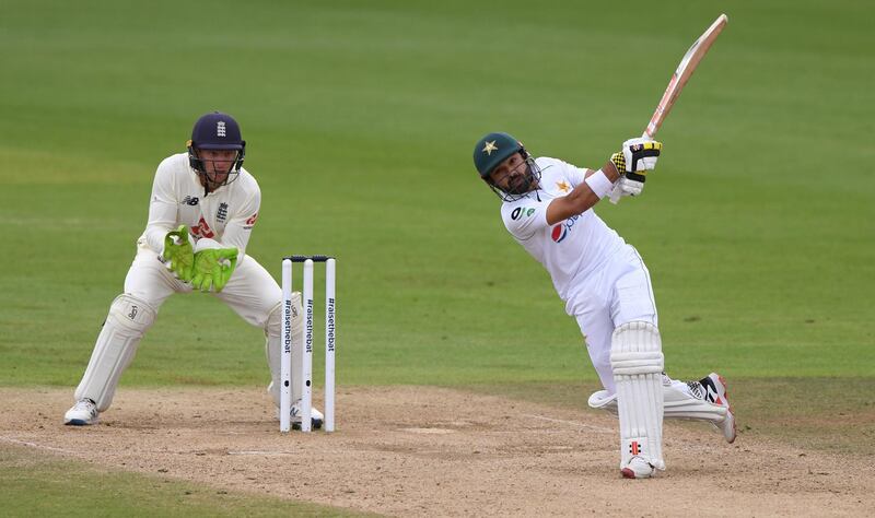 Mohammad Rizwan of Pakistan hits a six to reach his fifty at the Ageas Bowl on Sunday. Getty