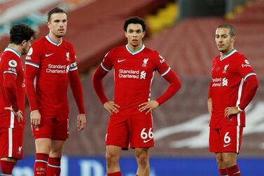 Liverpool players Jordan Henderson, Trent Alexander-Arnold and Thiago Alcantara during the defeat to Brighton. Reuter