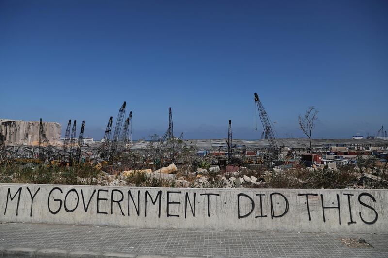 A view of graffiti at the damaged port area in the aftermath of a massive explosion in Beirut, Lebanon, August 16, 2020. REUTERS/Goran Tomasevic