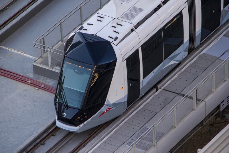 DUBAI, UNITED ARAB EMIRATES, NOVEMBER 12, 2014. Elevated view of the newly opened Dubai Tram in the Marina. (Photo: Antonie Robertson/The National) Journalist: None. Section: National.