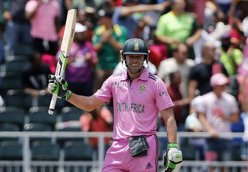 AB De Villiers celebrates his record-breaking century at the Wanderers Stadium on January 18. Siphiwe Sibeko/Reuters