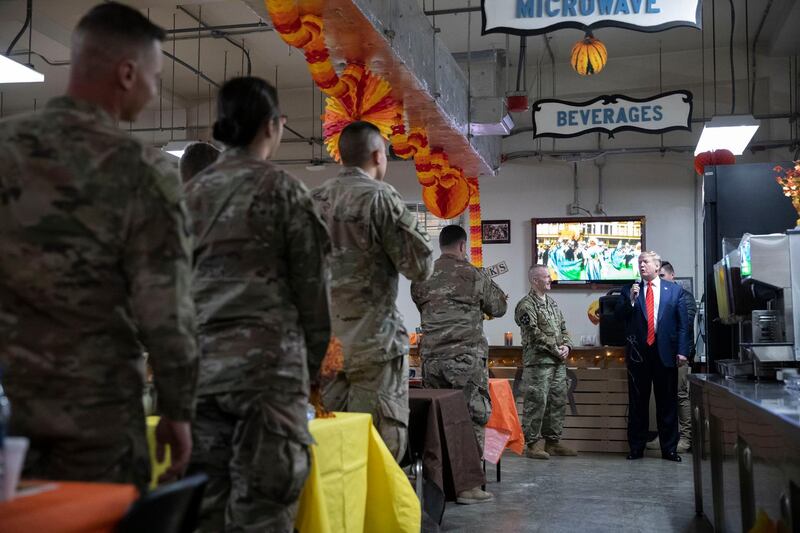 President Donald Trump speaks during a surprise Thanksgiving Day visit to the troops at Bagram Air Field, Afghanistan.  AP