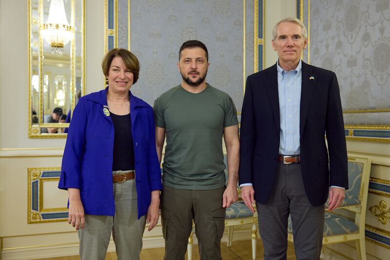 Ukraine's President Volodymyr Zelenskyy met Rob Portman and Amy Klobuchar, both US senators, last week. Both are banned from Russia. Reuters