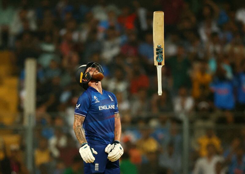 England's Ben Stokes loses his wicket at the ICC Cricket World Cup 2023 match against South Africa at Wankhede Stadium, in Mumbai. Reuters