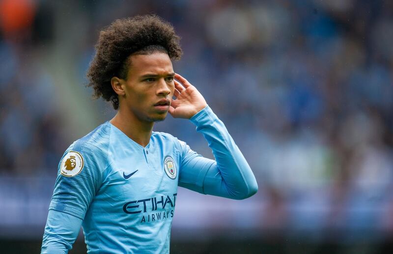 epa06958655 Manchester City's Leroy Sane reacts during the English Premier League soccer match between Manchester City and Huddersfield Town at the Etihad Stadium in Manchester, Britain, 19 August 2018.  EPA/PETER POWELL EDITORIAL USE ONLY. No use with unauthorized audio, video, data, fixture lists, club/league logos or 'live' services. Online in-match use limited to 75 images, no video emulation. No use in betting, games or single club/league/player publications