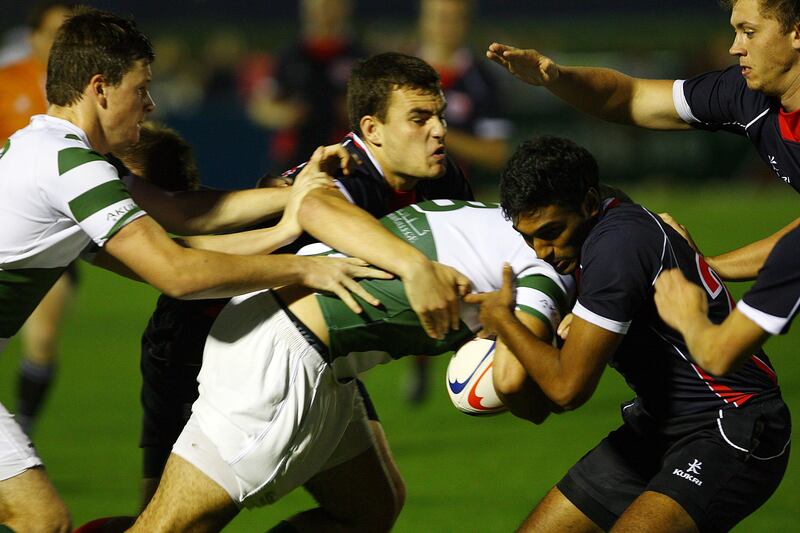 Dubai, United Arab Emirates-March, 23, 2013; Dubai College and Jumeriah College U-18  teams in action during the  UAE Schools Rugby Finals at the Sevens Grounds  in Dubai .  (  Satish Kumar / The National ) For Sports