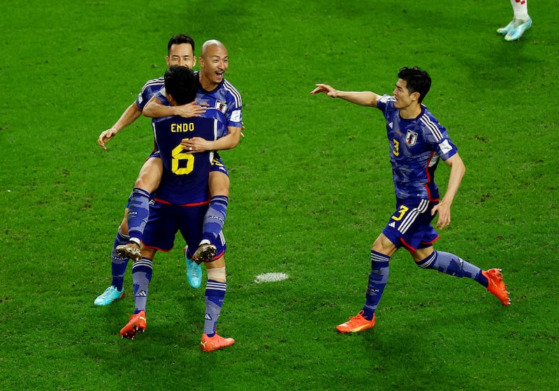 Japan's Daizen Maeda celebrates scoring. Reuters