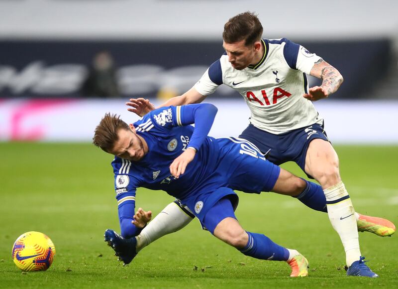 LONDON, ENGLAND - DECEMBER 20: Pierre-Emile Hojbjerg of Tottenham Hotspur tackles James Maddison of Leicester City  during the Premier League match between Tottenham Hotspur and Leicester City at Tottenham Hotspur Stadium on December 20, 2020 in London, England. The match will be played without fans, behind closed doors as a Covid-19 precaution. (Photo by Julian Finney/Getty Images)