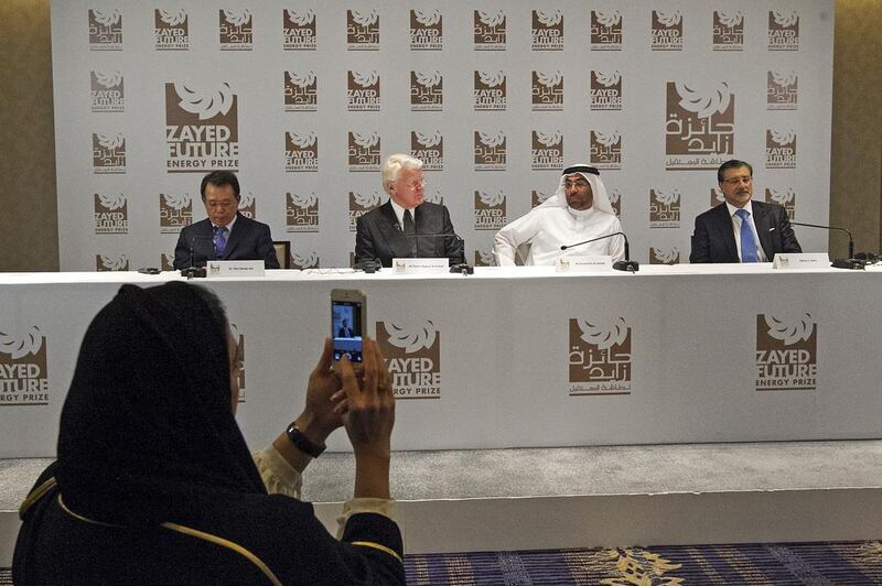 The jury, from left, Han Seung-soo, former PM of Korea, Olafur Grimsson, president of Iceland and jury chairman, Ahmed Ali Al Sayegh, the chairman of Masdar, and . Mona Al Marzooqi / The National