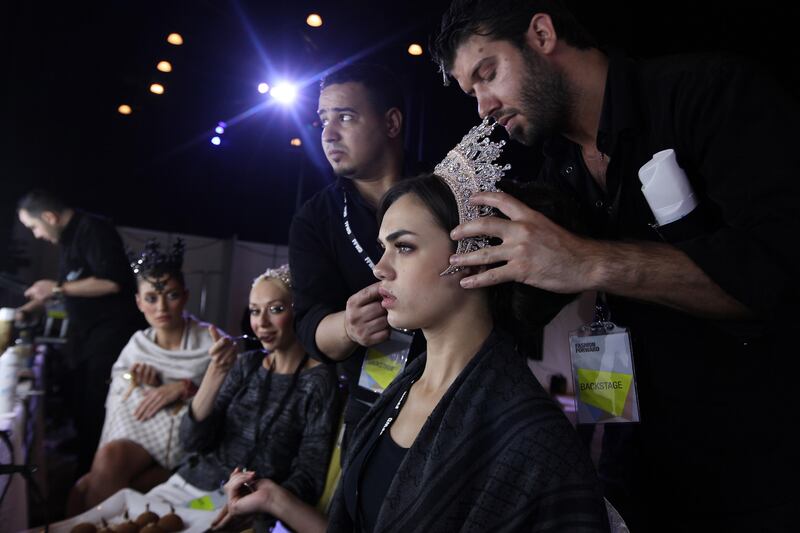 DUBAI , UNITED ARAB EMIRATES Ð April 27 , 2013 : Models getting ready at the backstage for the show of Michael Cinco , fashion designer at Madinat Jumeirah in Dubai. ( Pawan Singh / The National ) For Arts & Life. Story by James Gabrillo

