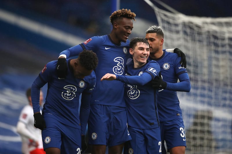 Chelsea's Tammy Abraham, centre, celebrates scoring his side's third goal during their FA Cup fourth round victory over Luton Town at Stamford Bridge. PA