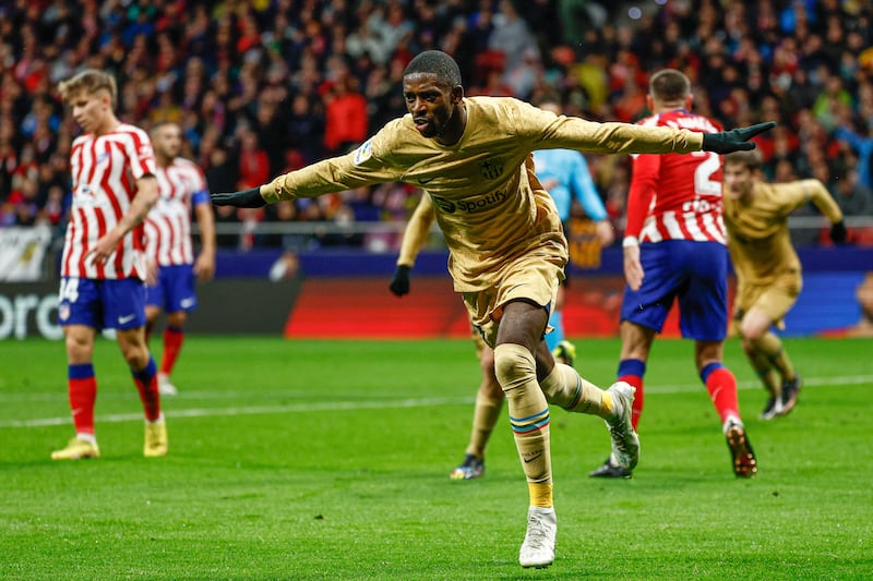 Barcelona striker Ousmane Dembele celebrates after scoring. EPA