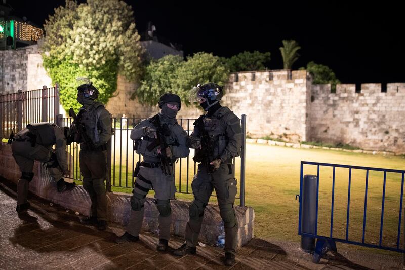 Elite Israeli forces stand near the Damascus Gate to the Old City of Jerusalem after clashes near Al Aqsa Mosque, on Friday, May 7, 2021. AP