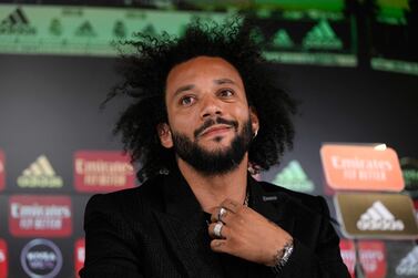 Real Madrid's Brazilian defender Marcelo addresses a press conference during a farewell event at the Ciudad Real Madrid sports facilities in Valdebebas, on the outskirts of Madrid, on June 13, 2022.  - Marcelo has been at Real Madrid since 2007 and leaves this summer after collecting his fifth Champions League trophy.  (Photo by Pierre-Philippe MARCOU  /  AFP)