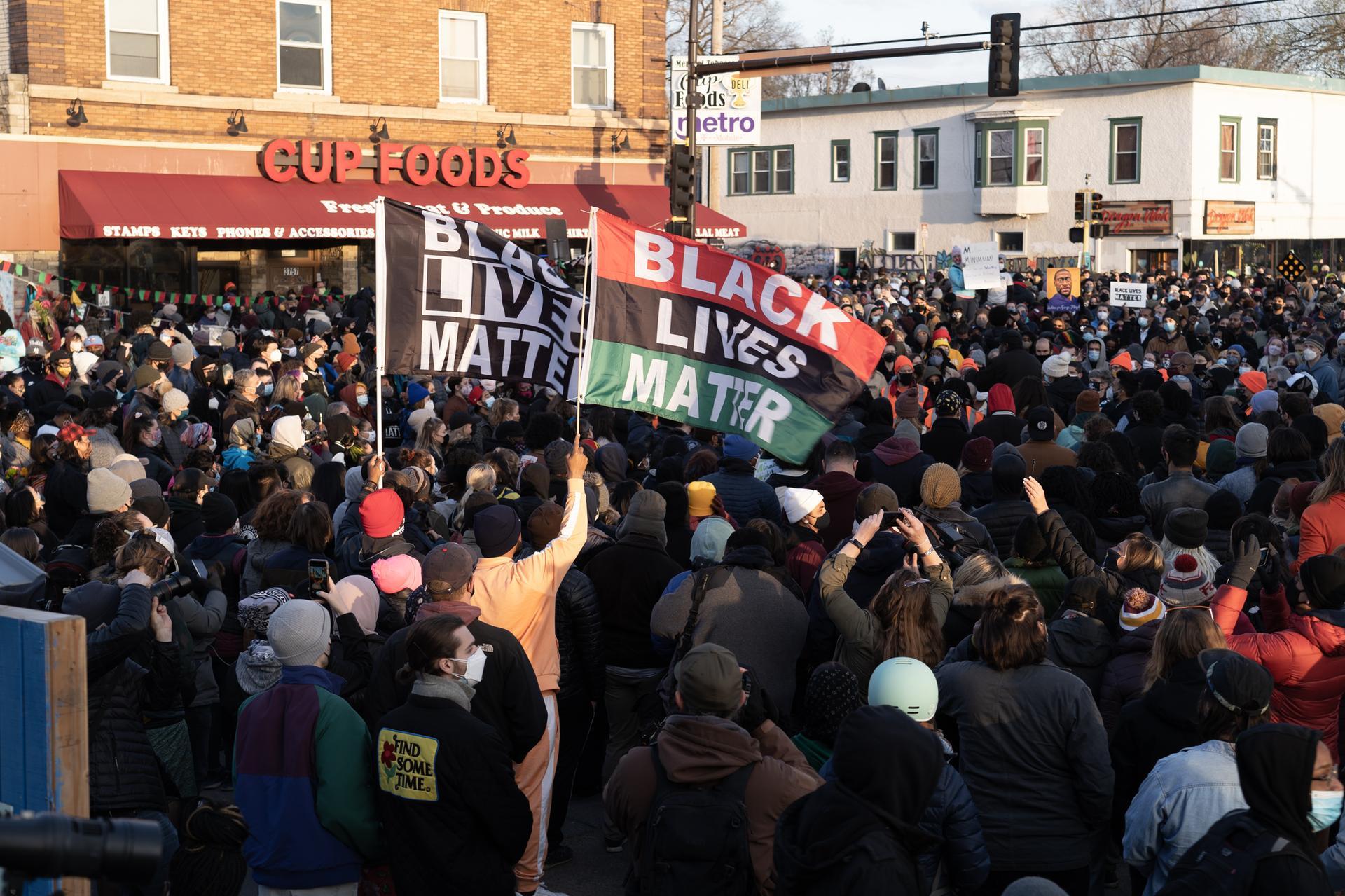 Thousands of people gathered at the site where George Floyd was killed on May 25, 2020, to celebrate Derek Chauvin's guilty verdict. Willy Lowry / The National