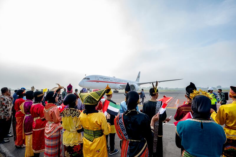 The plane carrying the UAE delegation arrives at Adi Soemarmo International Airport. 