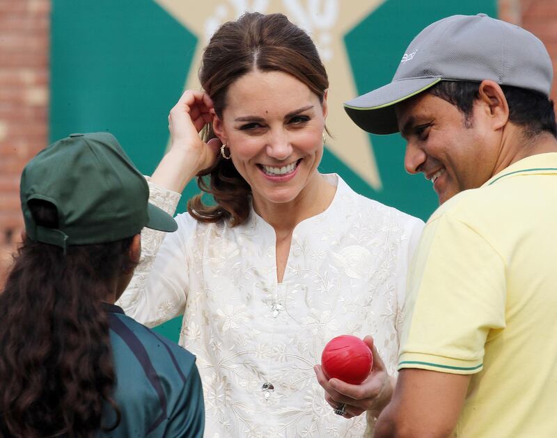 Catherine, Duchess of Cambridge speaks to a young player at Pakistan's National Cricket Academy during day four of their royal tour of Pakistan on Thursday, October 17, 2019 in Lahore, Pakistan. Getty Images