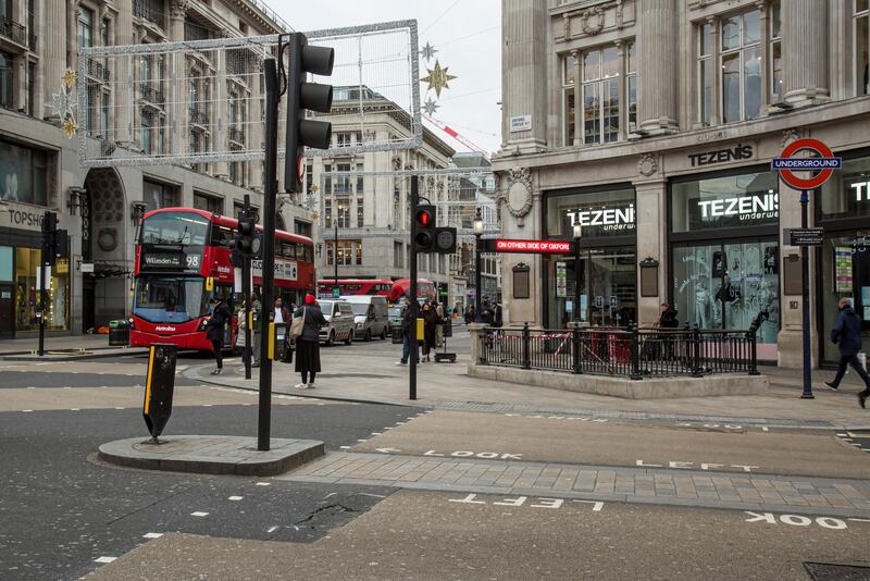 Locations in London during lockdown in the lead up to Christmas 2020. Oxford Circus.