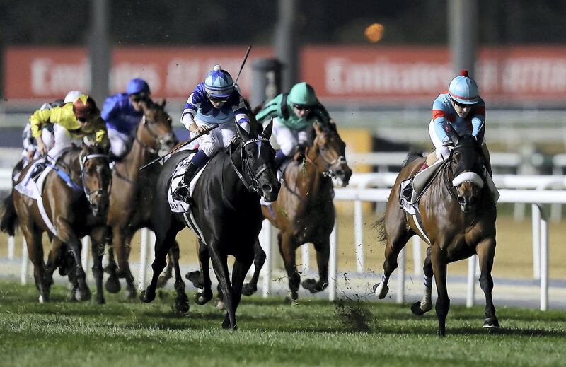 DUBAI , UNITED ARAB EMIRATES , MARCH 30  – 2018 :- Almond Eye (  JPN  ) ridden by Christophe Lemaire ( no 7 right ) won the 7th horse race Dubai Turf 1800m turf  during the Dubai World Cup held at Meydan Racecourse in Dubai. ( Pawan Singh / The National ) For News/Sports/Instagram/Big Picture. Story by Amith/Rupert