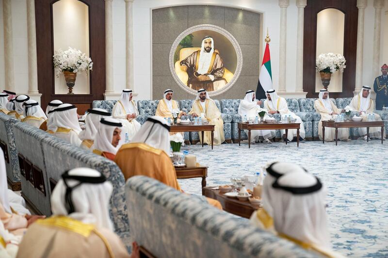 ABU DHABI, UNITED ARAB EMIRATES - June 04, 2019: (back L-R) HH Sheikh Saud bin Rashid Al Mu'alla, UAE Supreme Council Member and Ruler of Umm Al Quwain, HH Sheikh Humaid bin Rashid Al Nuaimi, UAE Supreme Council Member and Ruler of Ajman, HH Sheikh Mohamed bin Rashid Al Maktoum, Vice-President, Prime Minister of the UAE, Ruler of Dubai and Minister of Defence, HH Dr Sheikh Sultan bin Mohamed Al Qasimi, UAE Supreme Council Member and Ruler of Sharjah, HH Sheikh Mohamed bin Zayed Al Nahyan, Crown Prince of Abu Dhabi and Deputy Supreme Commander of the UAE Armed Forces, HH Sheikh Hamad bin Mohamed Al Sharqi, UAE Supreme Council Member and Ruler of Fujairah and HH Sheikh Saud bin Saqr Al Qasimi, UAE Supreme Council Member and Ruler of Ras Al Khaimah, attend an Eid Al Fitr reception at Mushrif Palace. 

( Hamad Al Mansouri for the  Ministry of Presidential Affairs )
---