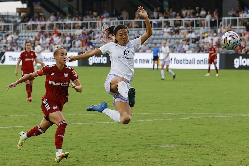 Racing Louisville FC's Yuki Nagasato scores against Bayern Munich during the Women’s Cup final at Lynn Family Stadium in Kentucky on Saturday, August 21. Racing Louisville won the game on penalties. AFP