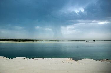 Rainshowers are seen behind the mangroves along the E12, Saadiyat Island area in Abu Dhabi on April 28th, 2021. Victor Besa / The National.