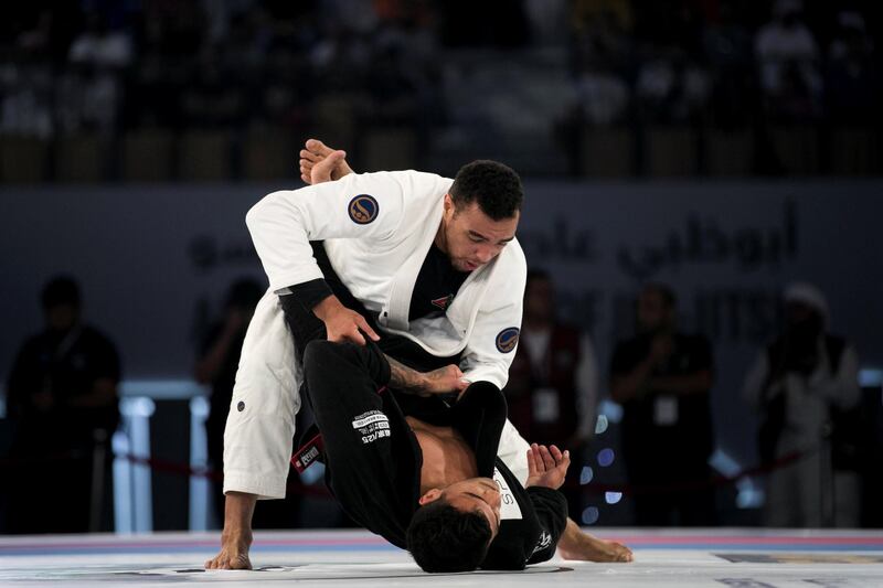 ABU DHABI, UNITED ARAB EMIRATES - April 26 2019.

Rudson Mateus Teles (BRA), in black, wins the 85kg final against Faisal Al Ketbi (UAE)  at Abu Dhabi World Professional Jiu-Jitsu Championship at Mubadala Arena.

(Photo by Reem Mohammed/The National)

Reporter: AMITH
Section: SP