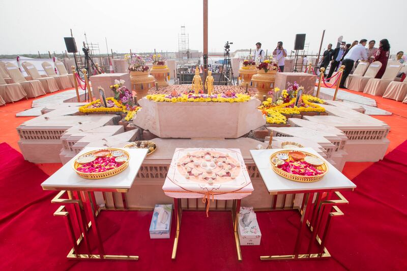 The stone blessed in a ceremony in Abu Dhabi for a temple described as a symbol of harmony and peace. 