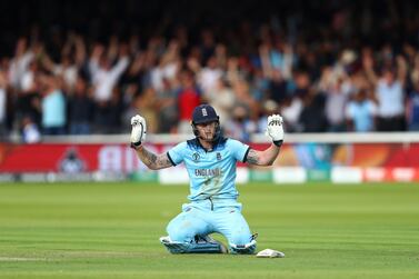 England all-rounder Ben Stokes reacts after an attempted run out results in four overthrows after ricocheting off his bat in the final. Michael Steele / Getty Images