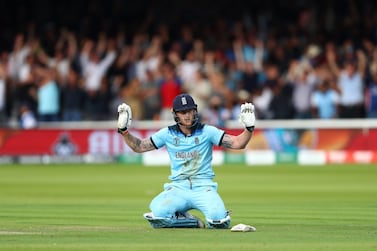 England all-rounder Ben Stokes reacts after an attempted run out results in four overthrows after ricocheting off his bat in the final. Michael Steele / Getty Images