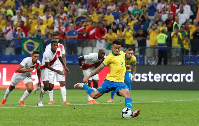 Brazil's Gabriel Jesus misses from the penalty spot. Reuters