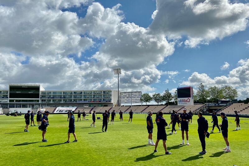 England players warm-up before training at the Ageas Bowl on June 28, 2020. Getty