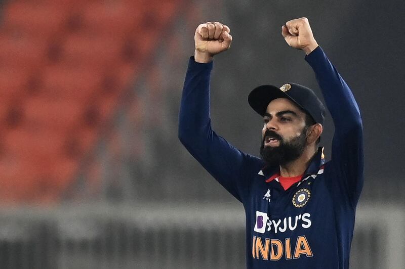 India captain Virat Kohli celebrates after beating England by 36 runs to clinch a 3-2 T20 series victory  at the Narendra Modi Stadium in Ahmedabad on Saturday, March 20. AFP