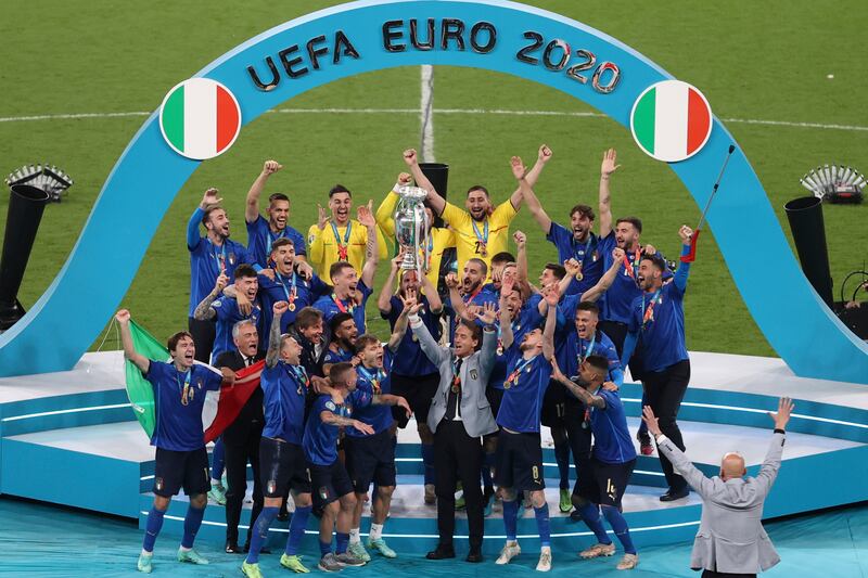 Italy players celebrate winning the penalty shoot-out against England in the final of Euro 2020 at Wembley Stadium on July 21, 2021. AP