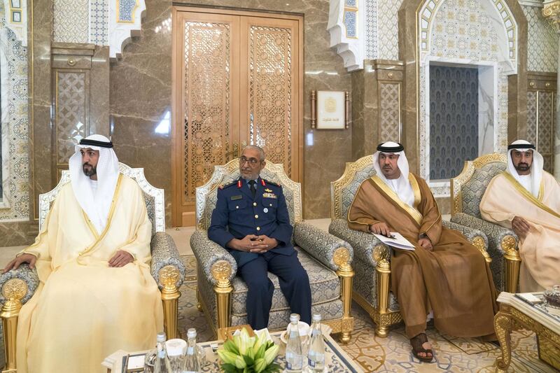 ABU DHABI, UNITED ARAB EMIRATES - November 15, 2018: (L-R) HE Mohamed Mubarak Al Mazrouei, Undersecretary of the Crown Prince Court of Abu Dhabi, HE Major General Essa Saif Al Mazrouei, Deputy Chief of Staff of the UAE Armed Forces, HE Saqer Nasser Al Raisi, UAE Ambassador to Italy and HE Homaid Al Shemmari, CEO Aerospace & Engineering Services of Mubadala, attend a meeting with HE Giuseppe Conte, Prime Minister of Italy (not shown), during a reception at the Presidential Palace.

( Mohamed Al Hammadi / Ministry of Presidential Affairs )
---