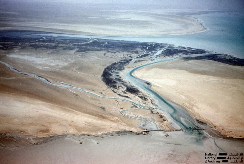 Another aerial view of Al Maqta causeway, bottom right, that connects Abu Dhabi island to the mainland, and the adjacent creeks. Photo: Dr Alan Horan © UAE National Library and Archives