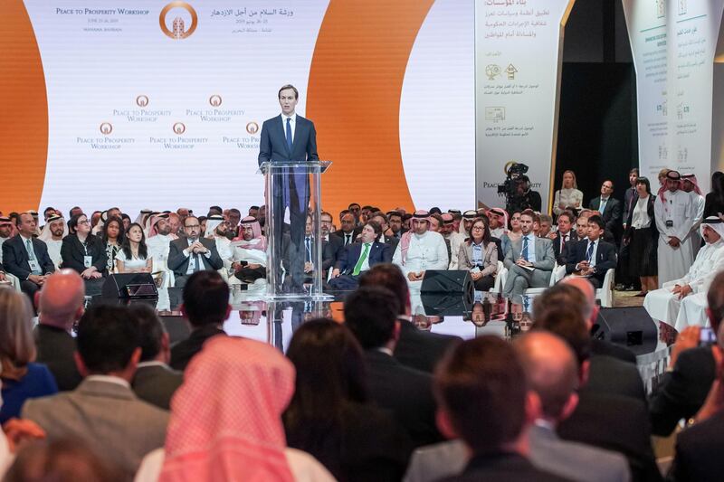 FILE PHOTO: White House senior adviser Jared Kushner speaks at the "Peace to Prosperity" conference in Manama, Bahrain, June 25, 2019. Peace to Prosperity Workshop/Handout via REUTERS/File Photo ATTENTION EDITORS - THIS IMAGE WAS PROVIDED BY A THIRD PARTY. NO RESALES. NO ARCHIVES.