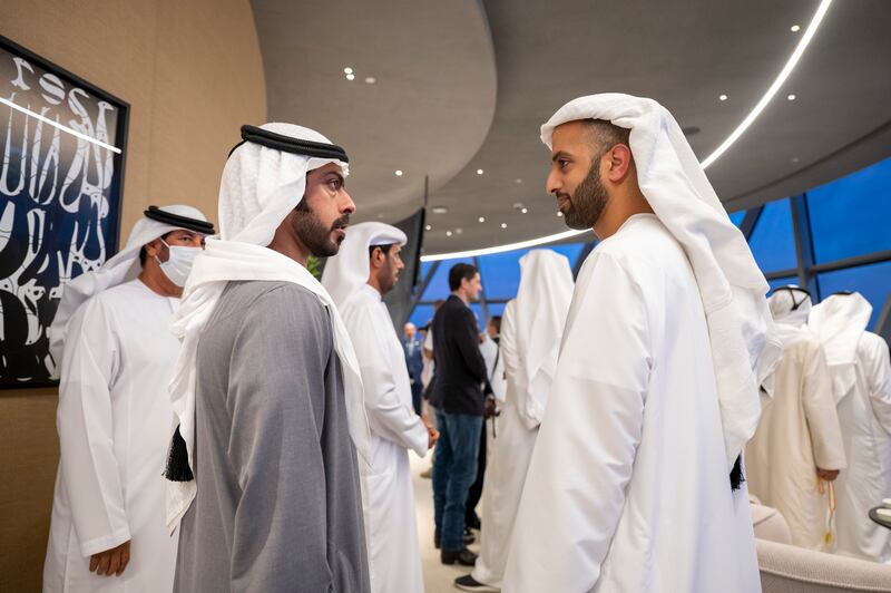 Sheikh Mohammed bin Saud Al Qasimi, Crown Prince of Ras Al Khaimah, and Sheikh Khalifa bin Tahnoun, Director of the Martyrs' Families' Affairs Office of the Abu Dhabi Crown Prince Court. Photo: Mohamed Al Hammadi / Ministry of Presidential Affairs