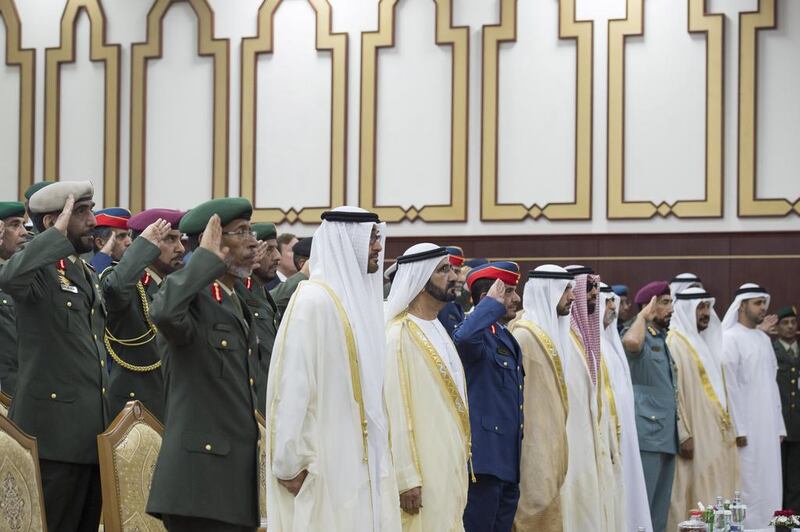 Sheikh Mohammed bin Rashid, Vice President and Ruler of Dubai and Sheikh Mohammed bin Zayed, Crown Prince of Abu Dhabi and Deputy Supreme Commander of the Armed Forces attend the 2015-2016 UAE National Defense College graduation ceremony. Seen with Lt Genl Hamad Thani Al Romaithi, Chief of Staff of the Armed Forces (L), Pilot Staff Maj Gen Rashad Al Saadi Commander of the UAE National Defense College (4th L), Sheikh Hamdan bin Mohammed, Crown Prince of Dubai, Sheikh Tahnoon bin Zayed, National Security Advisor and Sheikh Nahyan bin Mubarak, Minister of Culture and Knowledge Development. Rashed Al Mansoori / Crown Prince Court — Abu Dhabi