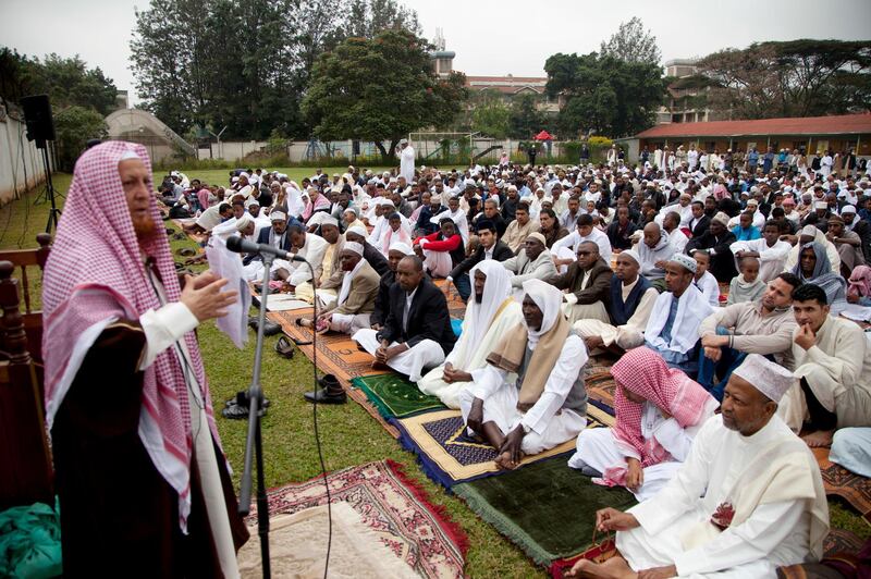 Kenyan Muslims listen to the Imam as he delivers a sermon in Nairobi. Sayyid Abdul Azim / AP Photo