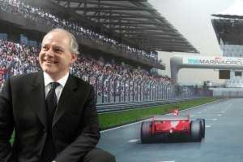 ABU DHABI. 22nd July 2009. Richard Cregan, CEO of Abu Dhabi Motorsports Management at his office on Yas Island yesterday (weds) with an artists impression of the Yas Marina Circuit on race day. Stephen Lock  /  The National .  *** Local Caption ***  SL-cregan-003.jpg