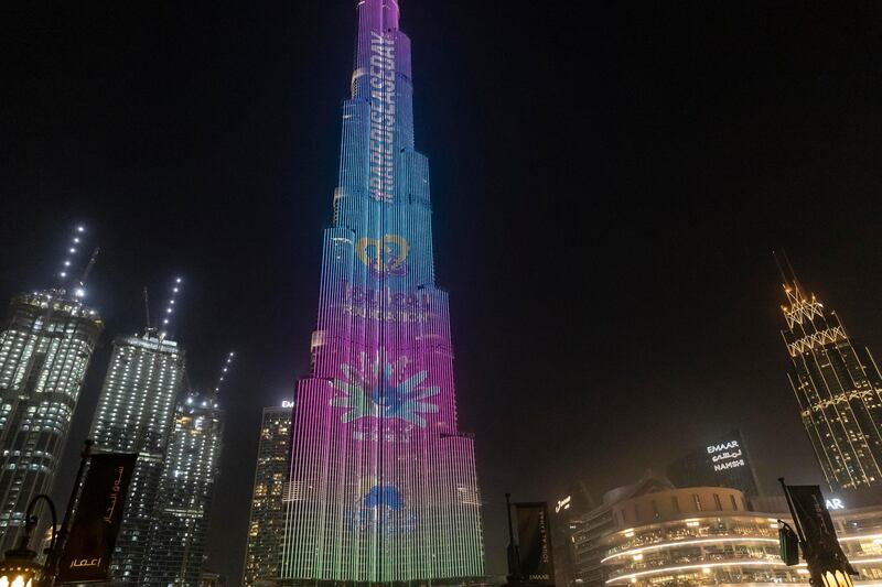 DUBAI, UNITED ARAB EMIRATES. 29 FEBRUARY 2020. Rare Disease Day projection on the Burj Al Arab. (Photo: Antonie Robertson/The National) Journalist: None. Section: National. 
