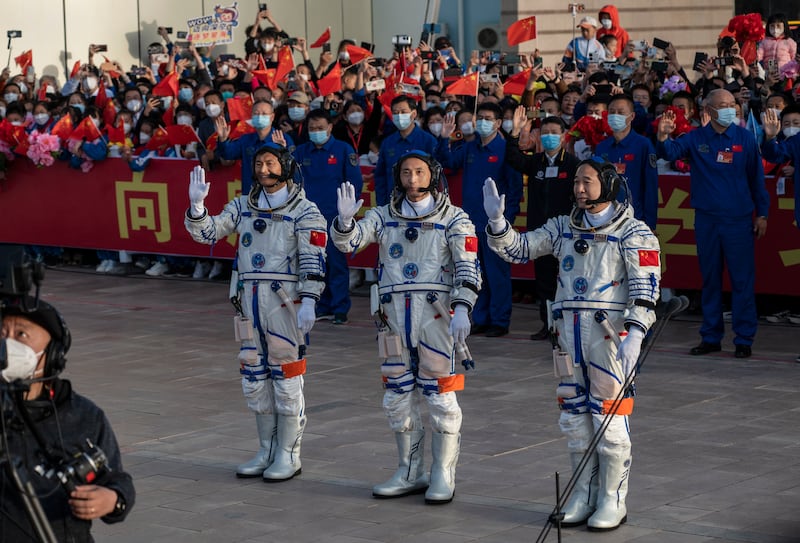 Chinese astronauts prepare for a flight to the Tiangong space station on May 30, 2023. Getty Images 