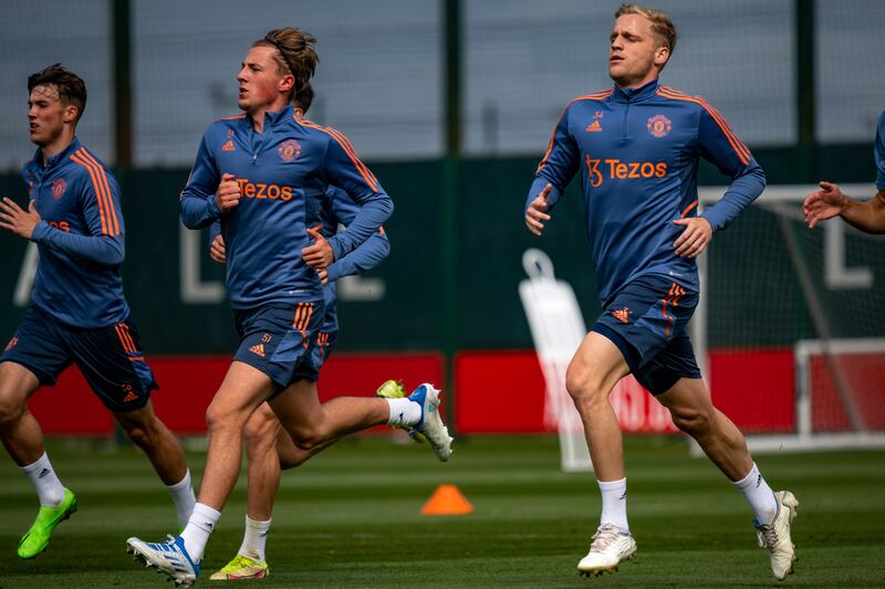 Charlie Savage and Donny van de Beek during a first team training session at Carrington.