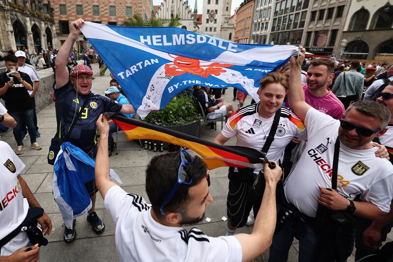Fans of Scotland and Germany gather at Marienplatz, in Munich, before their Euro 2024 opening match. EPA