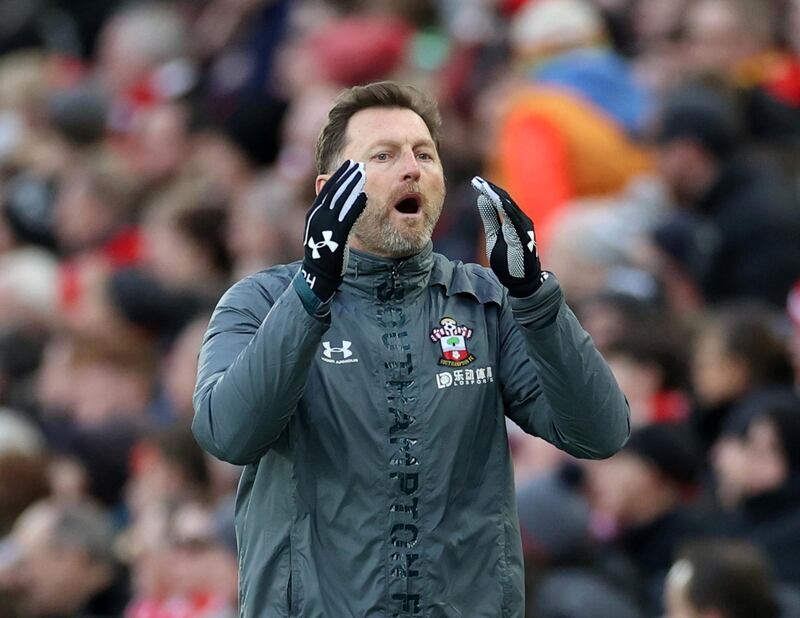 Soccer Football - Premier League - Liverpool v Southampton - Anfield, Liverpool, Britain - February 1, 2020  Southampton manager Ralph Hasenhuttl reacts  Action Images via Reuters/Carl Recine  EDITORIAL USE ONLY. No use with unauthorized audio, video, data, fixture lists, club/league logos or "live" services. Online in-match use limited to 75 images, no video emulation. No use in betting, games or single club/league/player publications.  Please contact your account representative for further details.