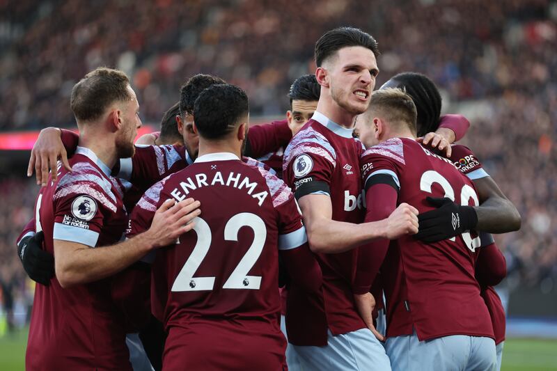 Jarrod Bowen celebrates with Declan Rice after scoring West Ham's second goal. Getty