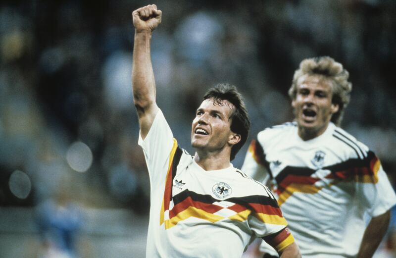 Germany captain Lothar Matthaeus celebrates after scoring against Yugoslavia at the 1990 World Cup in Italy. Getty