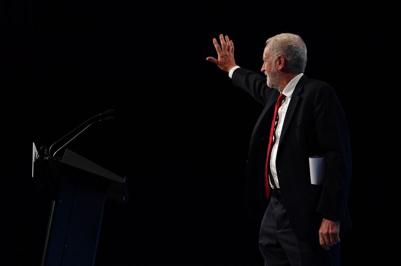 Jeremy Corbyn, opposition Labour party leader gestures after adressing the Trades Union (TUC) Congress in Brighton, southern England on September 10, 2019. / AFP / Ben STANSALL
